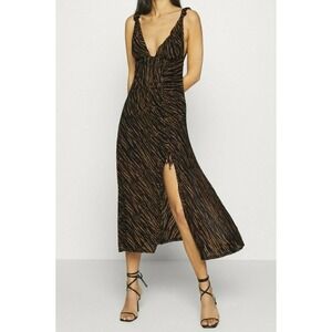 Free People Zahara V‑Neck Front Slit Midi Dress Onyx Combo XS NWT